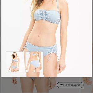 LOFT Beach Striped Seersucker Side Tie Shirred Bikini Bottom Poolside Blue S NWT